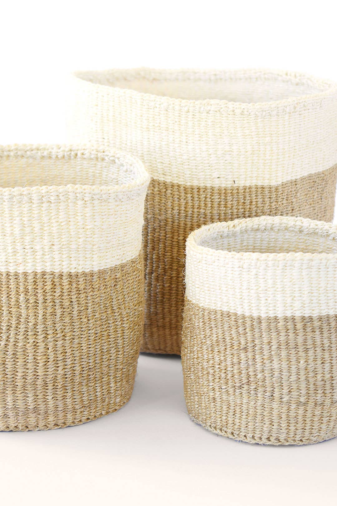 Set of Three Beige and Cream Twill Sisal Nesting Baskets