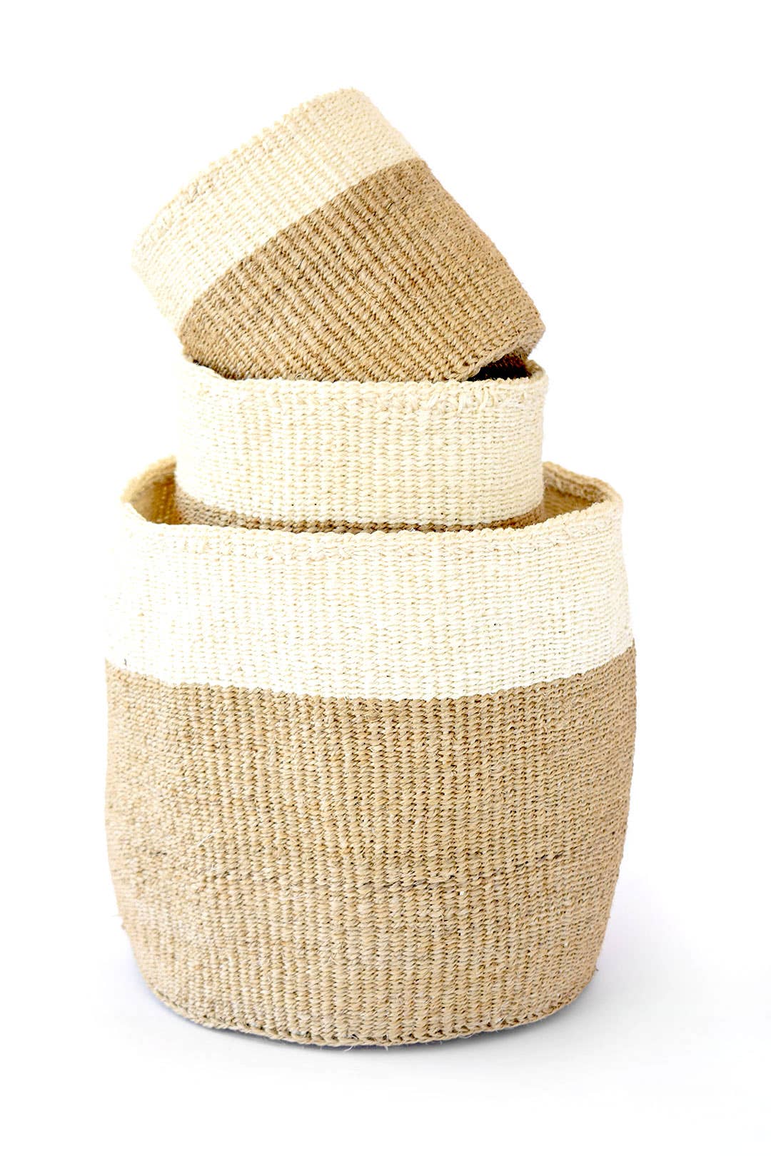 Set of Three Beige and Cream Twill Sisal Nesting Baskets