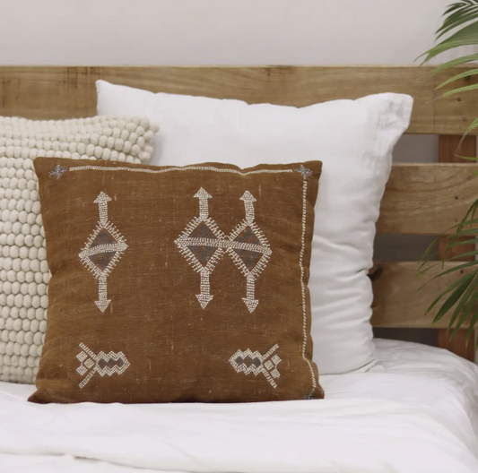 Moroccan Rug Design Embroidered Ochre Linen Pillow Cover