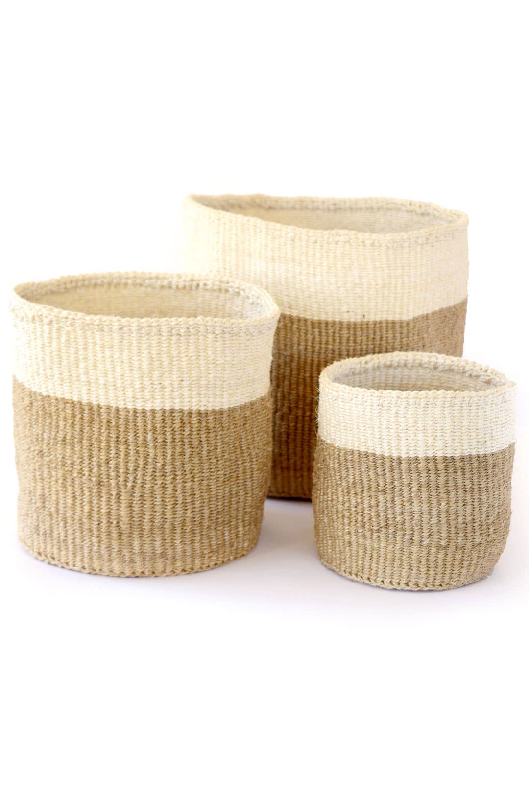 Set of Three Beige and Cream Twill Sisal Nesting Baskets